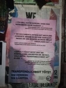 Plakat in lila mit zitaten von trans* Menschen. Unterschrift. Transfeindlichkeit tötet. wir erinnern. wir kämpfen.